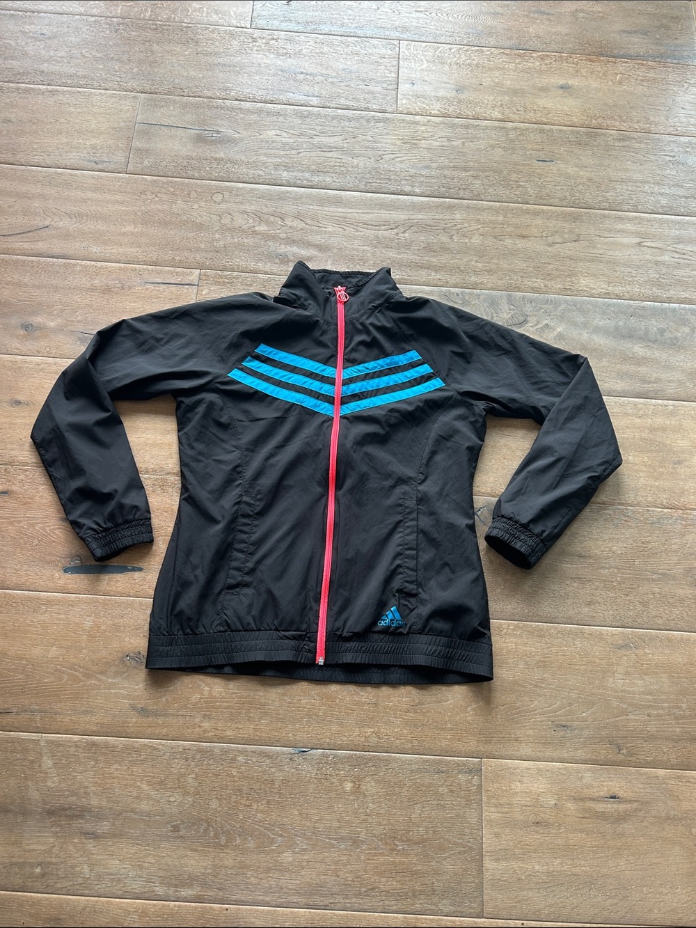 adidas Black Rain Jacket with Blue Stripes and Pink Zipper - Picture 1 of 5